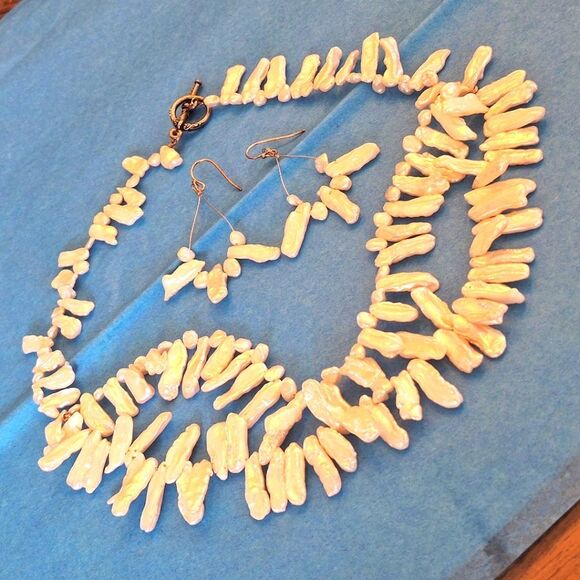 Freshwater Stick Pearl Necklace and Earrings Set Vintage 1980s T-Clasp - Picture 2 of 14